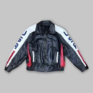 Vintage Leather King USA Flag Black Leather Motorcycle Jacket – Large